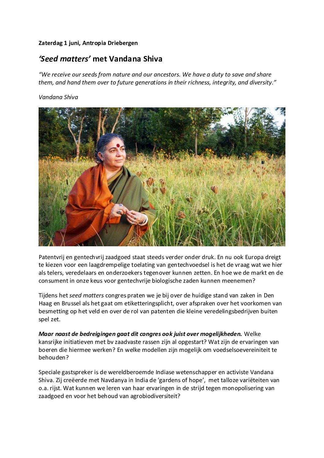 🌱 Join us on Saturday, June 1st at Antropia Driebergen for 'Seed Matters' with Vandana Shiva!